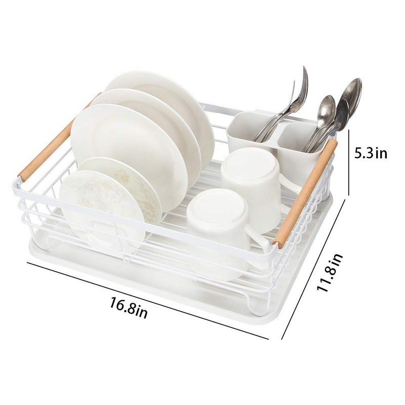 Attom Tech Home Modern Wood Handle Dish Rack and Drain Board, 16.5" x 12" x 5.5" Kitchen Plate Cup Dish Drying Rack Tray Cutlery Dish Drainer - Image 4